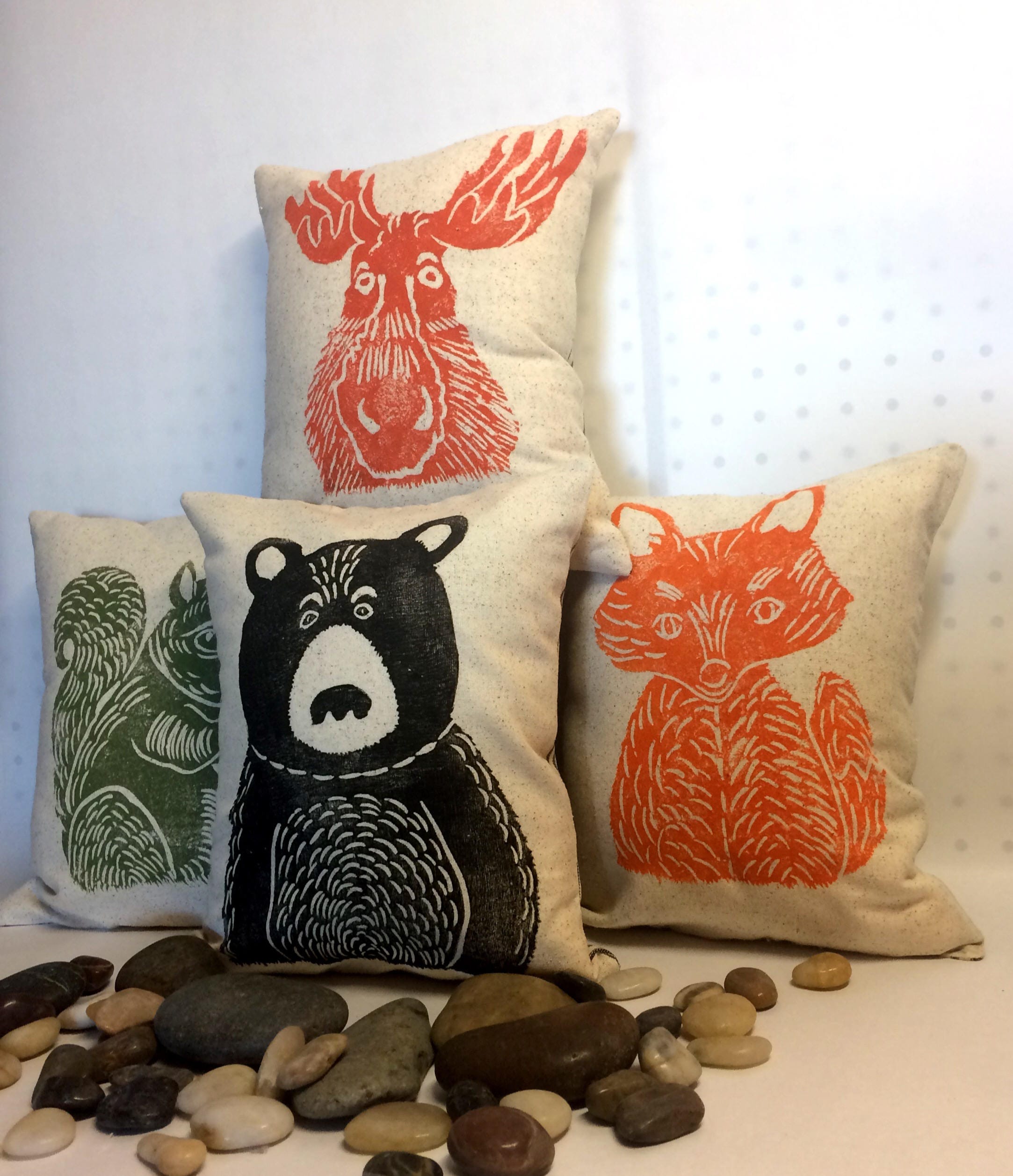 Hand Block Printed Woodland Animal Pillow: Bear, Fox, Moose, Squirrel