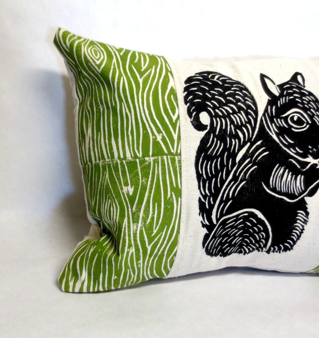 Squirrel Print Pillow: Woodland Wood Grain Design