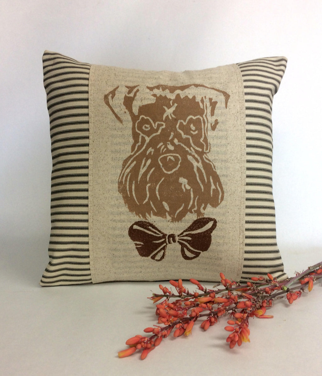 Hand Block Print Wheaten Terrier Pillow Cover: Dog with Bowtie
