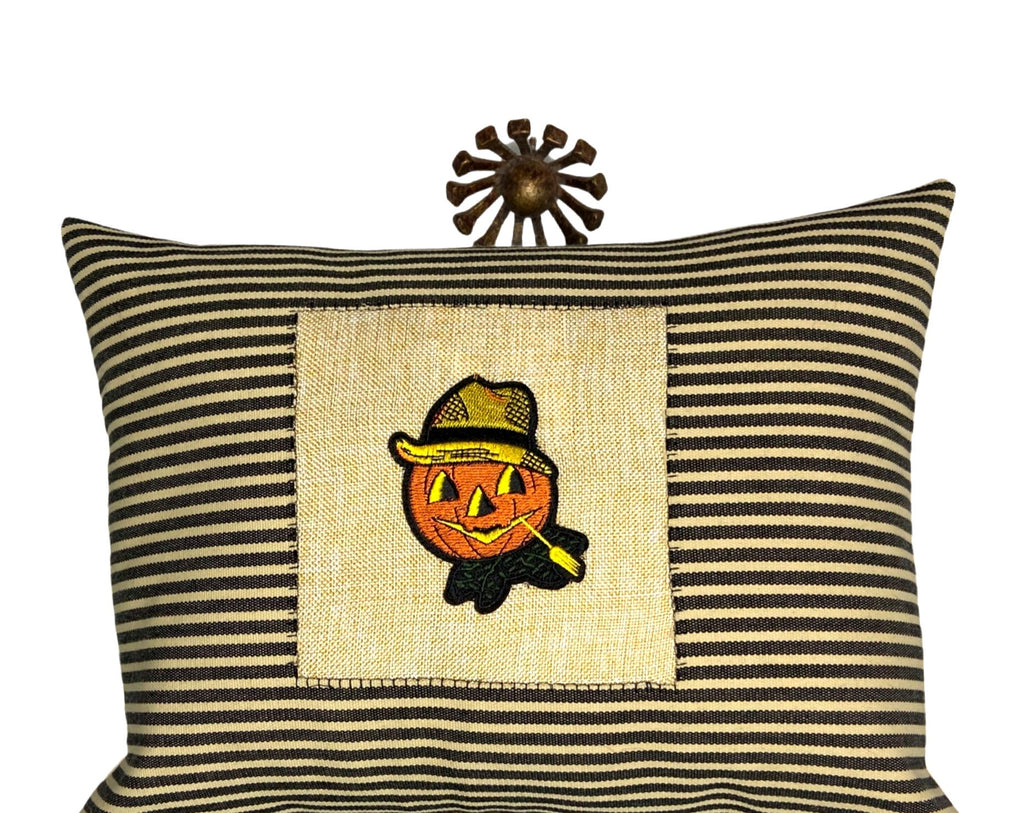 Halloween Pumpkin Lumbar Pillow: Embroidered Burlap, Striped Accent