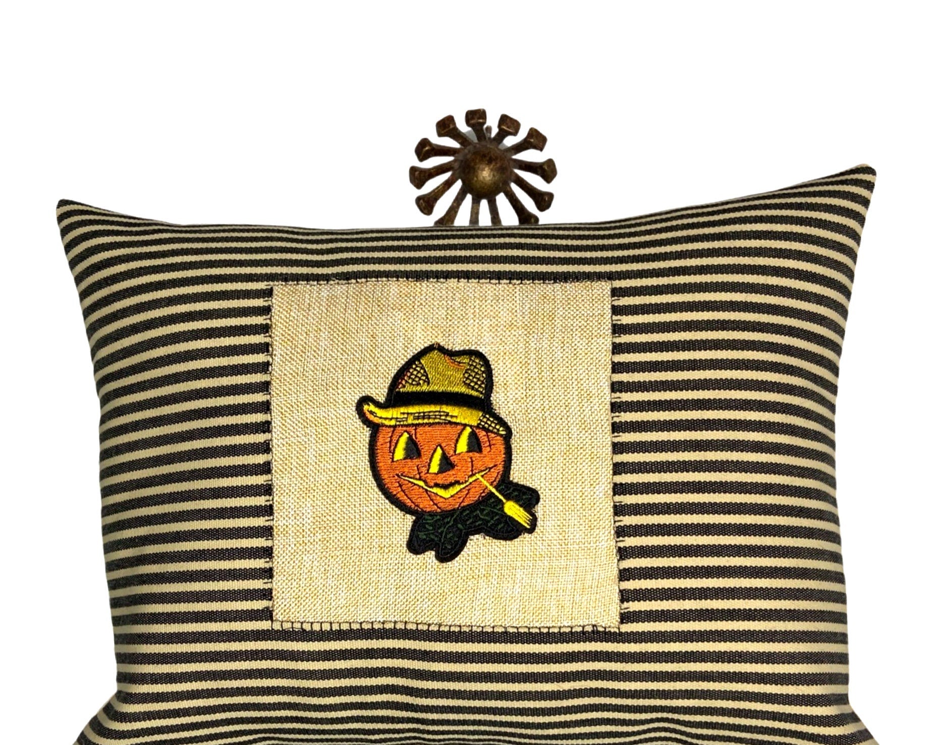 Halloween Pumpkin Lumbar Pillow: Embroidered Burlap, Striped Accent