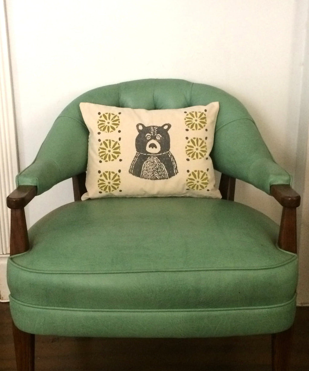 Mid-Century Bear Print Pillow: Grey Bear, Citrine Green Geometric Design