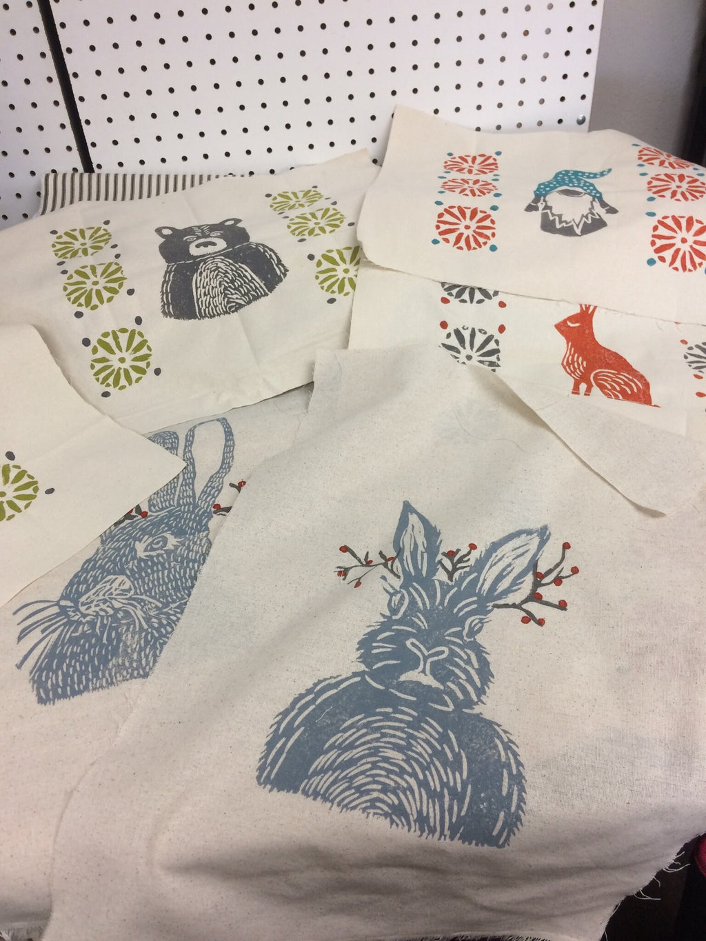 Hand Block Printed Woodland Animal Pillow: Rabbit or Bear Print