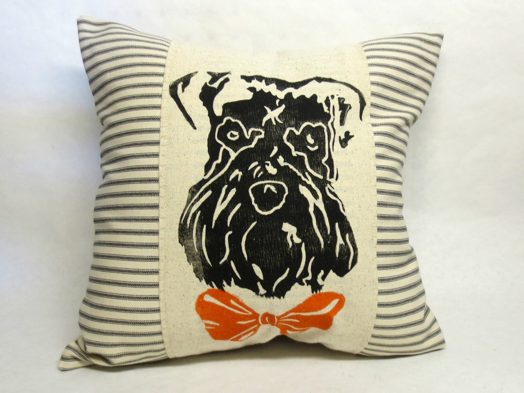 Hand Block Printed Schnauzer Pillow: Striped Ticking Fabric, Bow Tie Accent