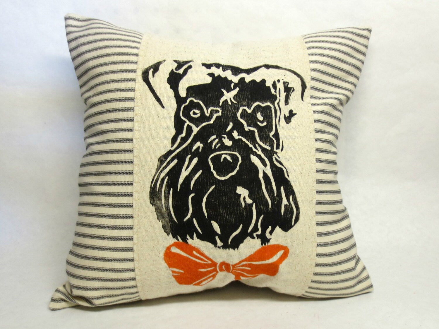 Hand Block Printed Schnauzer Pillow: Striped Ticking Fabric, Bow Tie Accent