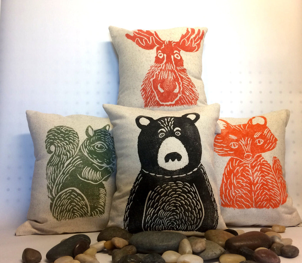 Hand Block Printed Woodland Animal Pillow: Bear, Fox, Moose, Squirrel