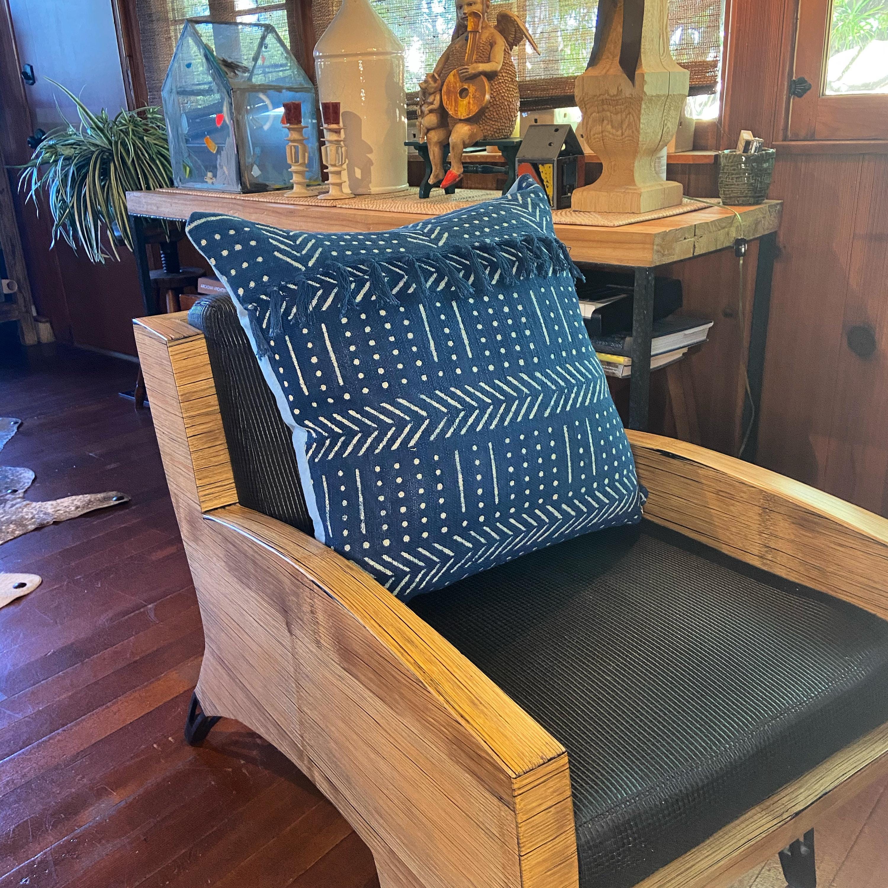 Authentic African Mudcloth Pillow Cover – Indigo Shibori Abstract Design, Fringe Detail