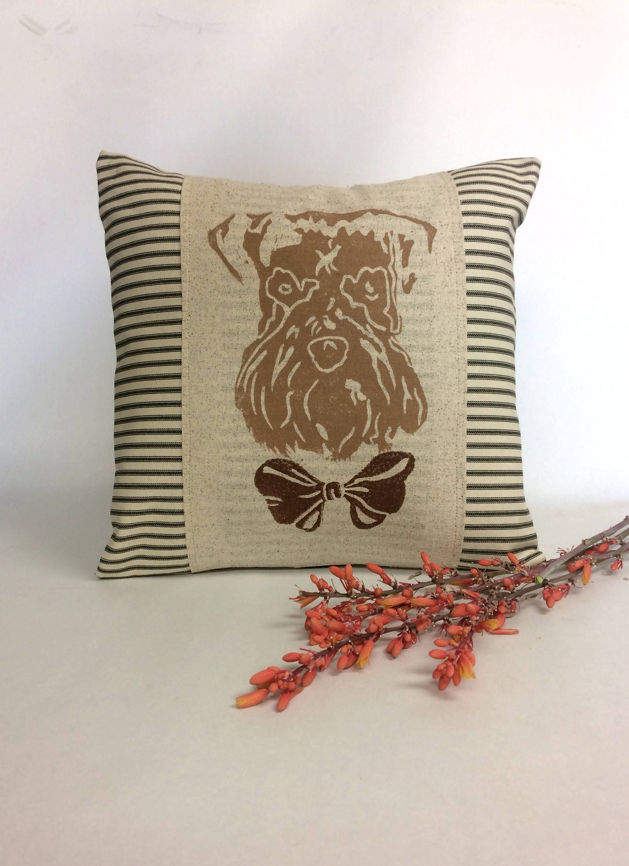 Hand Block Print Wheaten Terrier Pillow Cover: Dog with Bowtie