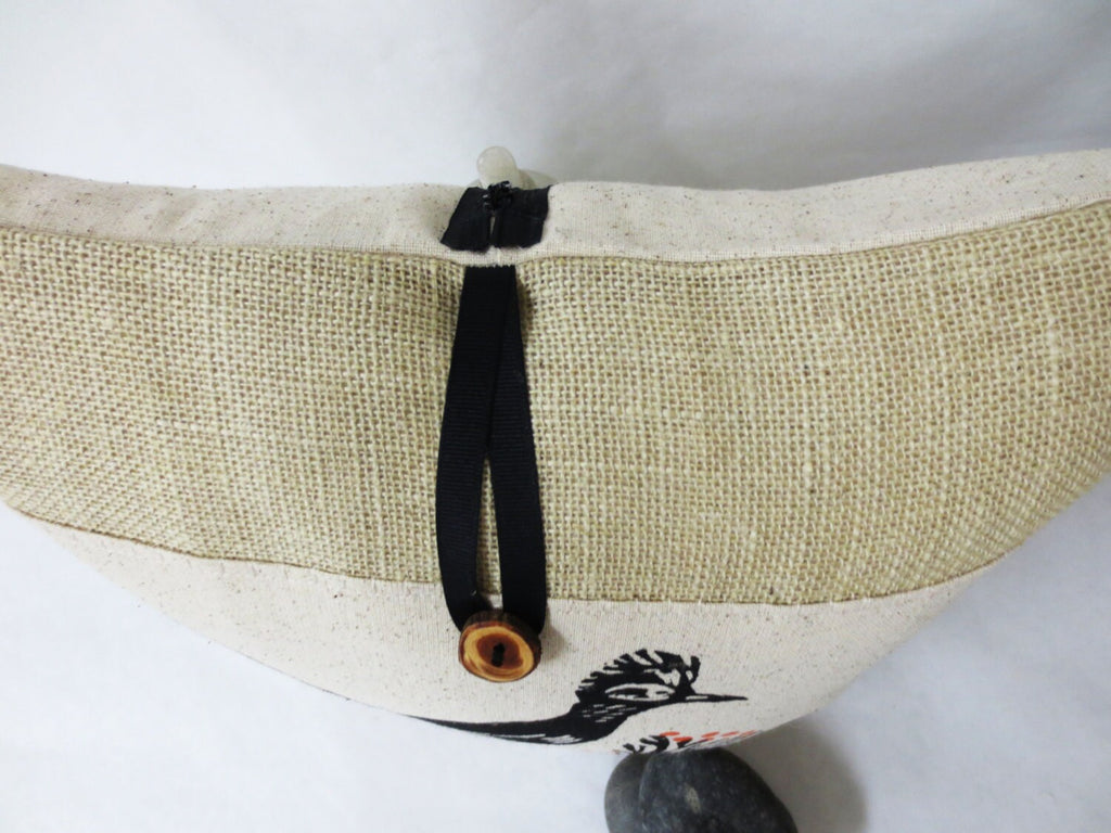 Roadrunner Pillow: Hand Block Printed Burlap Desert Bird Pillow
