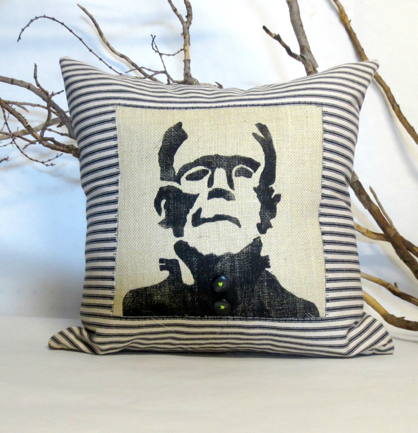 Frankenstein Halloween Pillow: Gothic Print, Ticking Fabric