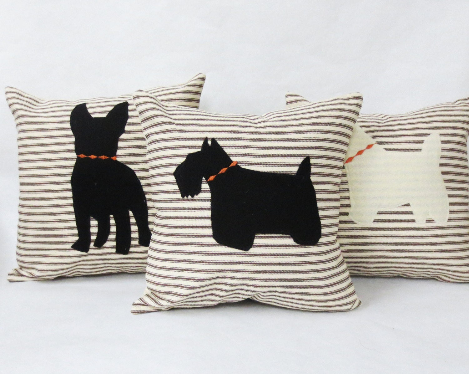 Ticking Stripe Pillow with Felt Dog Silhouette - Custom Breed