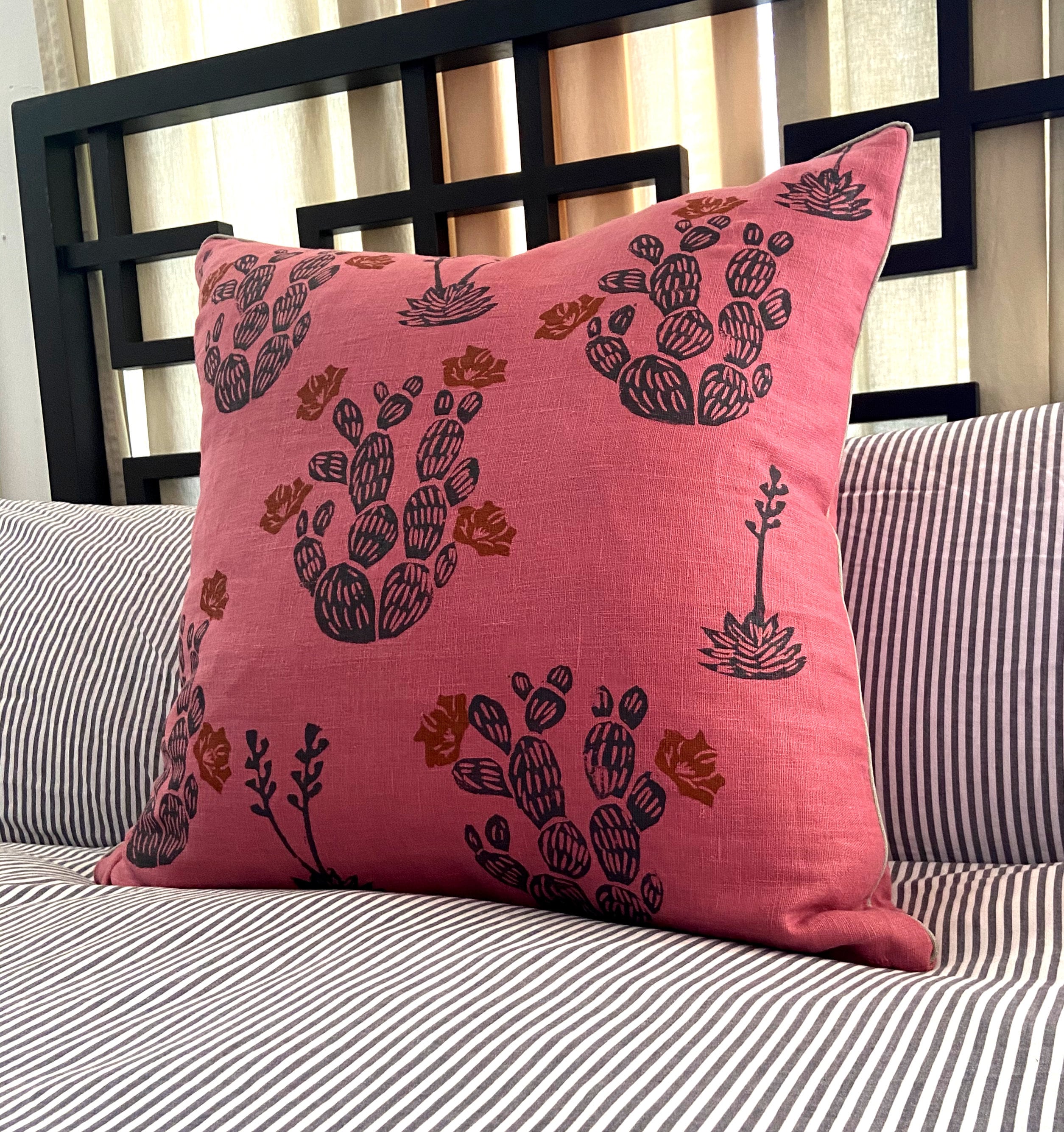 Rose Pink Linen Cactus Print Pillow