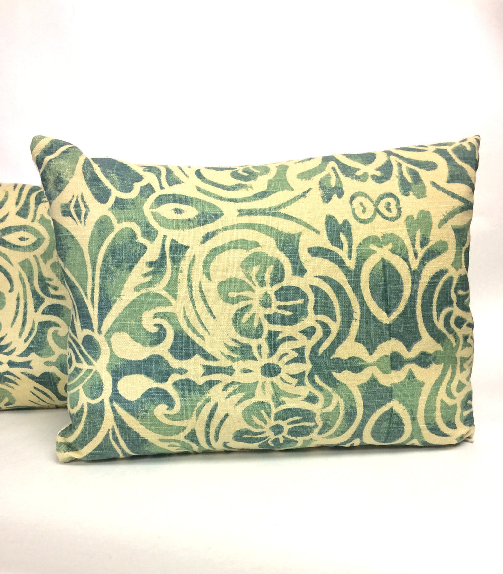 Bohemian Lumbar Pillow: Vintage Hand-Printed Linen, Teal Blue Green