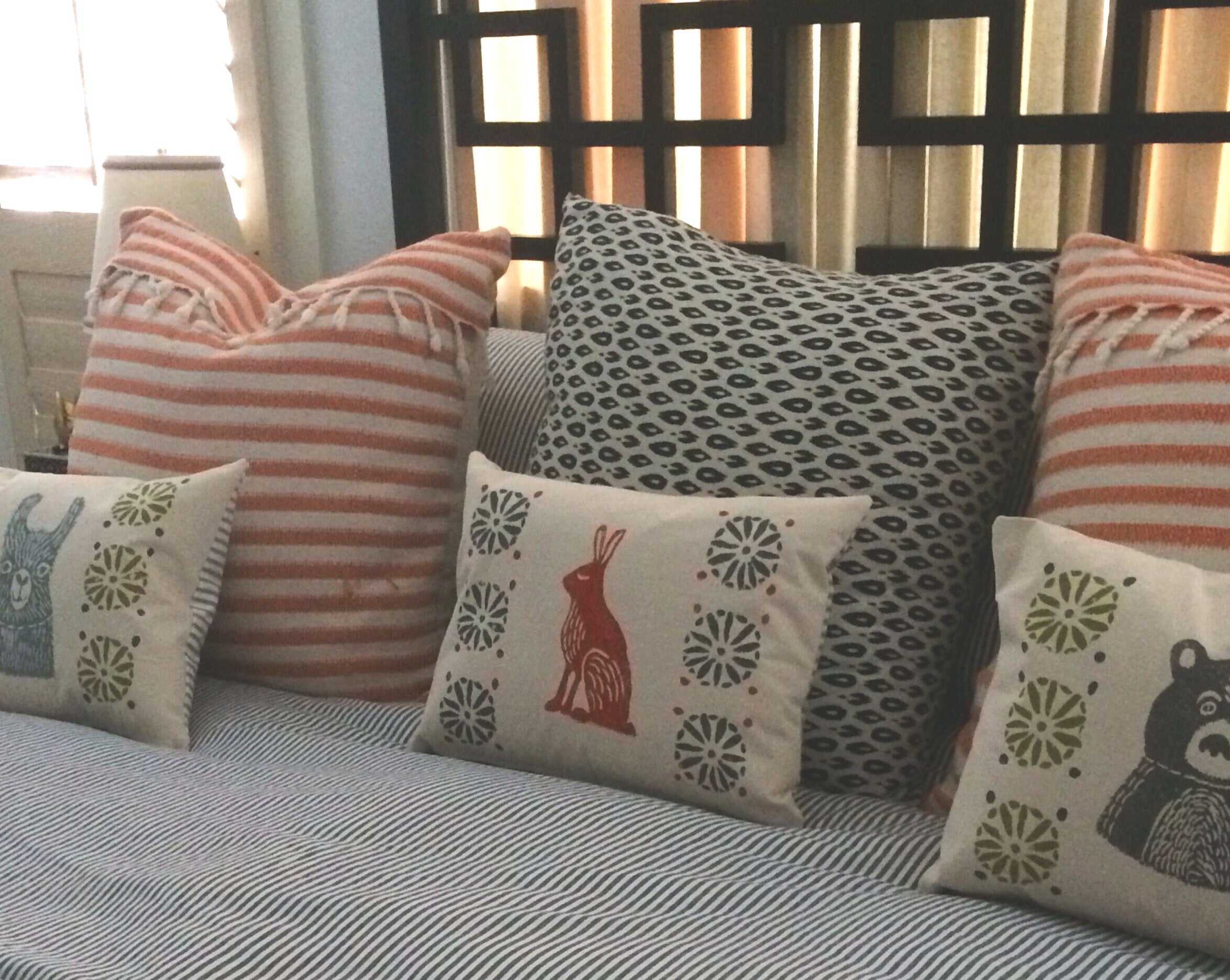 Orange Rabbit Print Kidney Pillow: Mid-Century Moroccan Decor