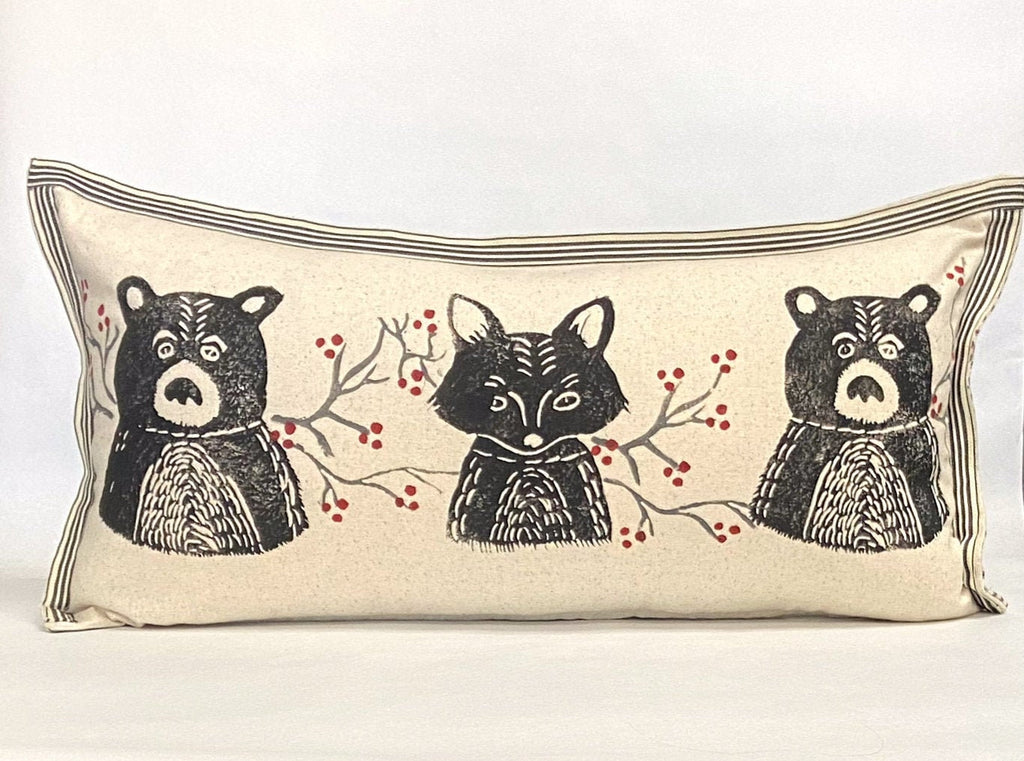 Woodland Bear and Fox Print Kidney Pillow: Hand Printed Decorative Pillow