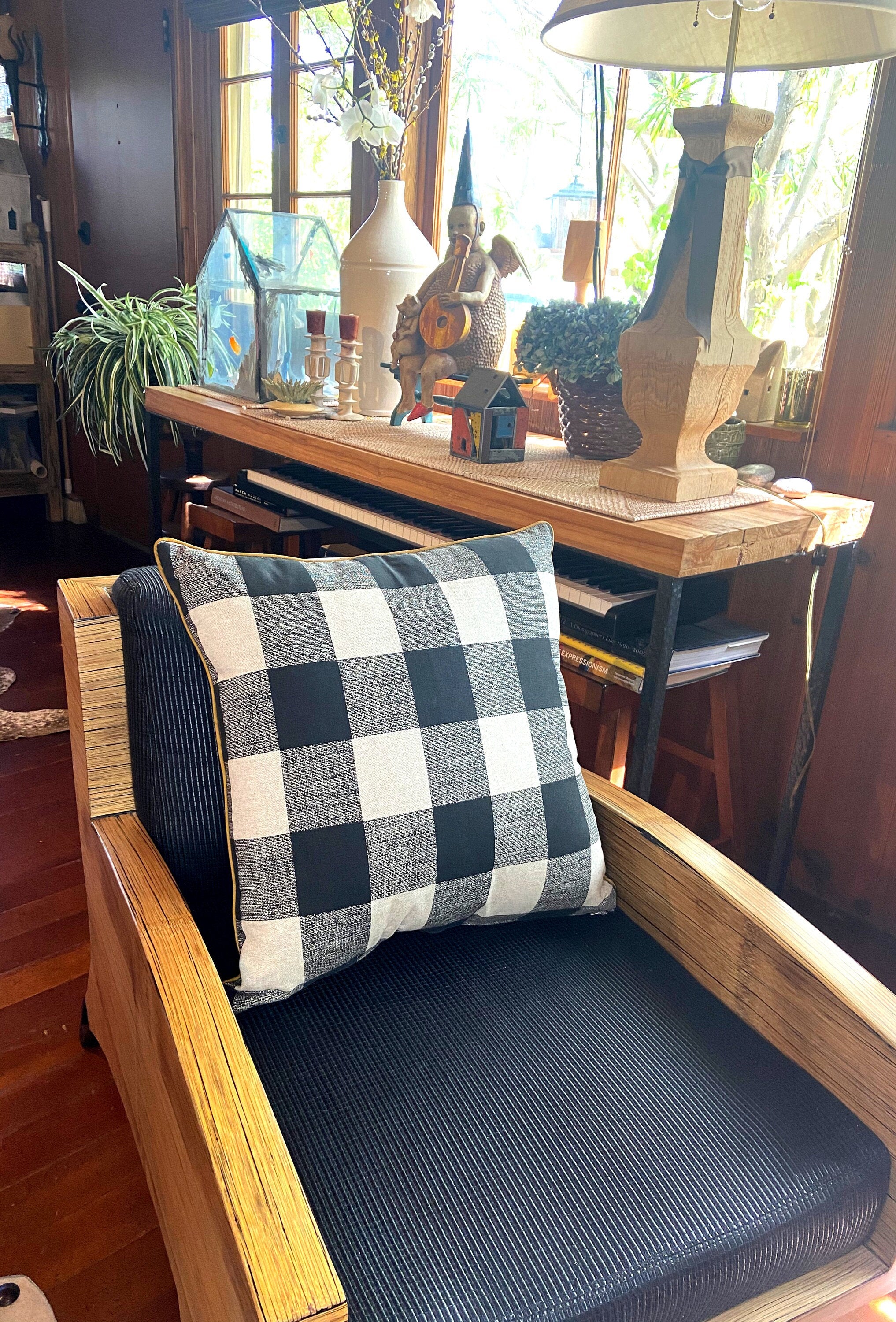 Buffalo Check Pillow: Black Beige Gingham with Mustard Trim