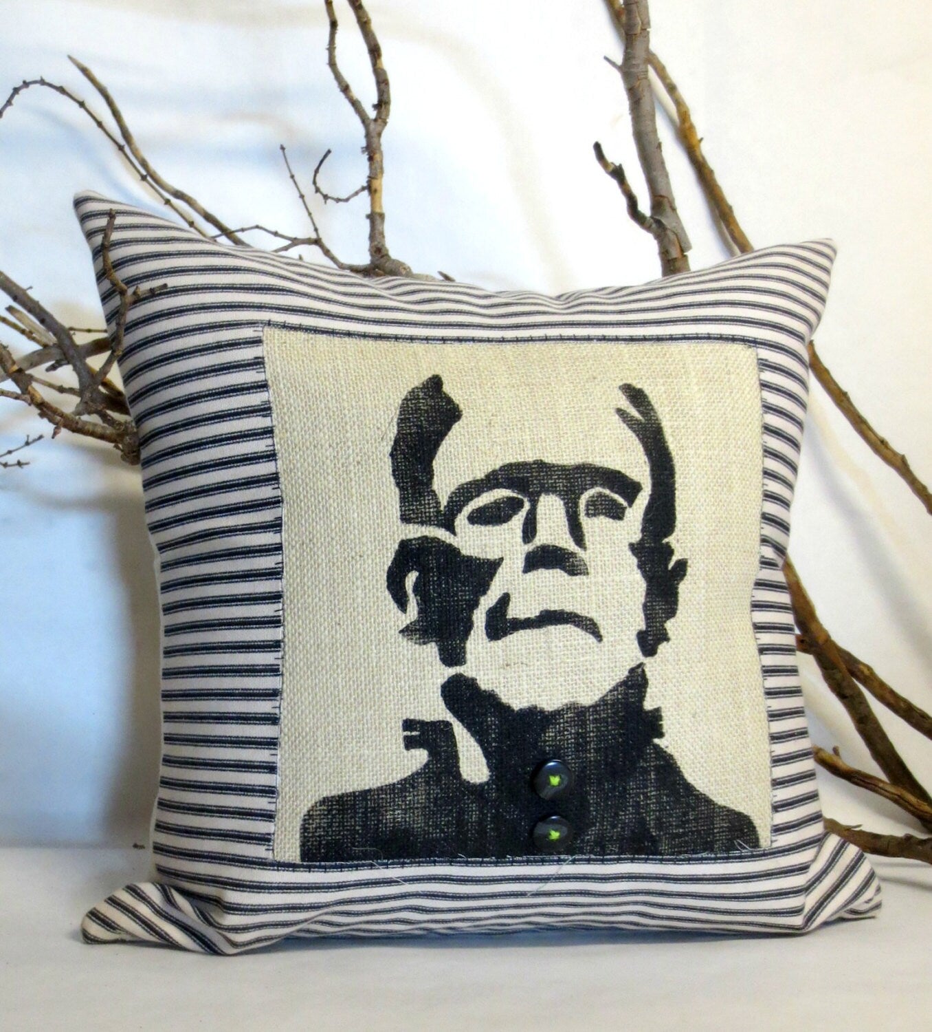 Frankenstein Halloween Pillow: Gothic Print, Ticking Fabric