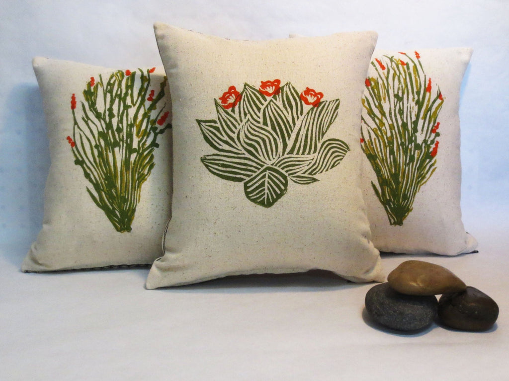 Hand Block Printed Ocotillo Cactus Pillow: Desert Landscape Decor