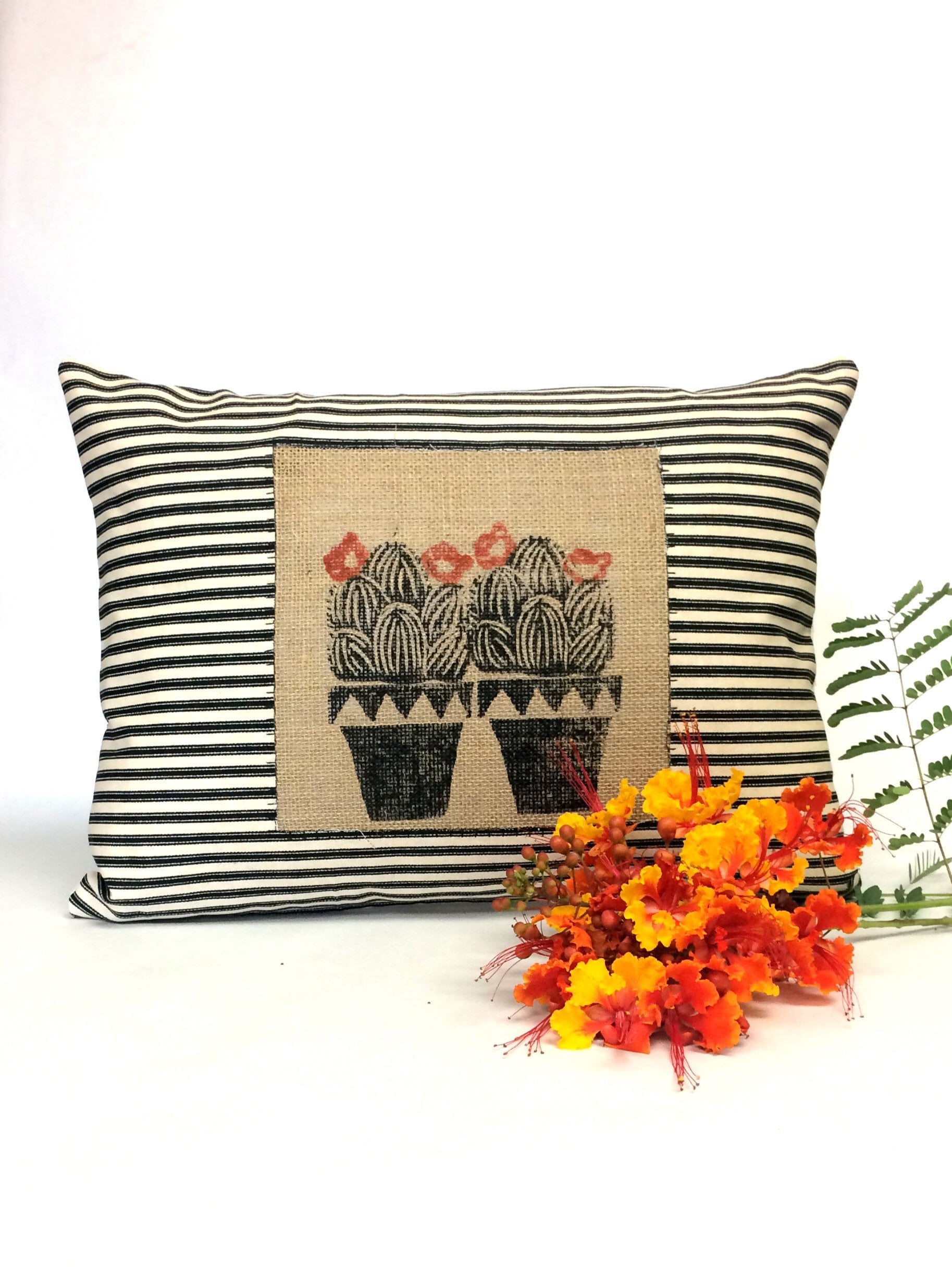 Hand Printed Cactus Pillow: Black & Beige Cotton Throw Pillow