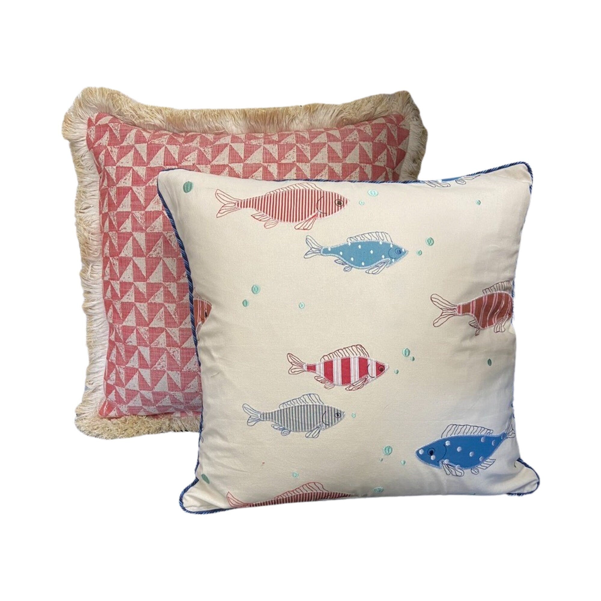 Decorative red and blue fish pillow - beach decor pillow - lake cabin fish pillow
