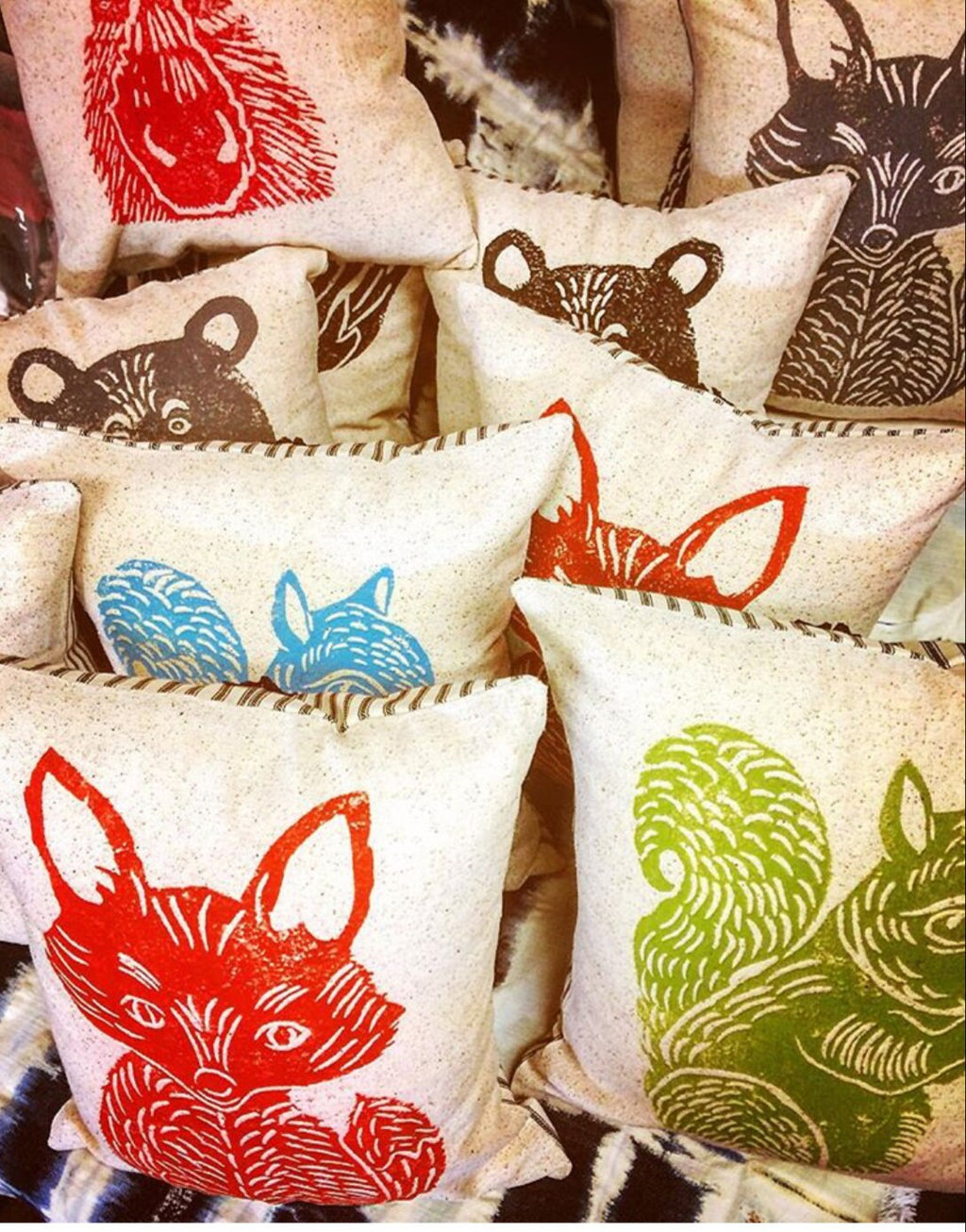 Hand Block Printed Woodland Animal Pillow: Bear, Fox, Moose, Squirrel