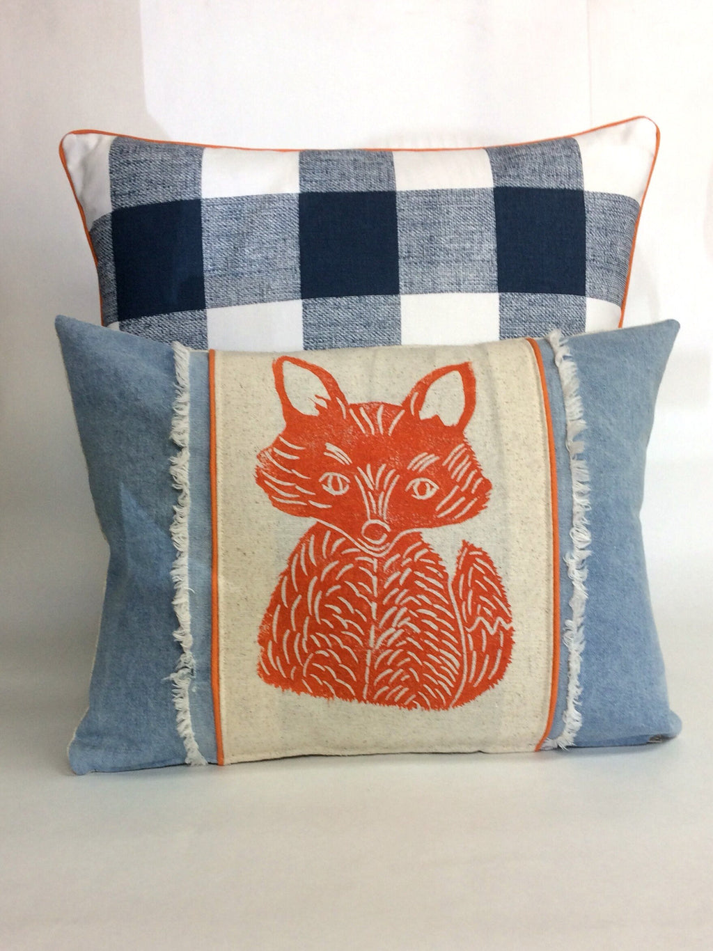 Fox Print Denim Pillow: Hand Carved Woodland Nursery Decor