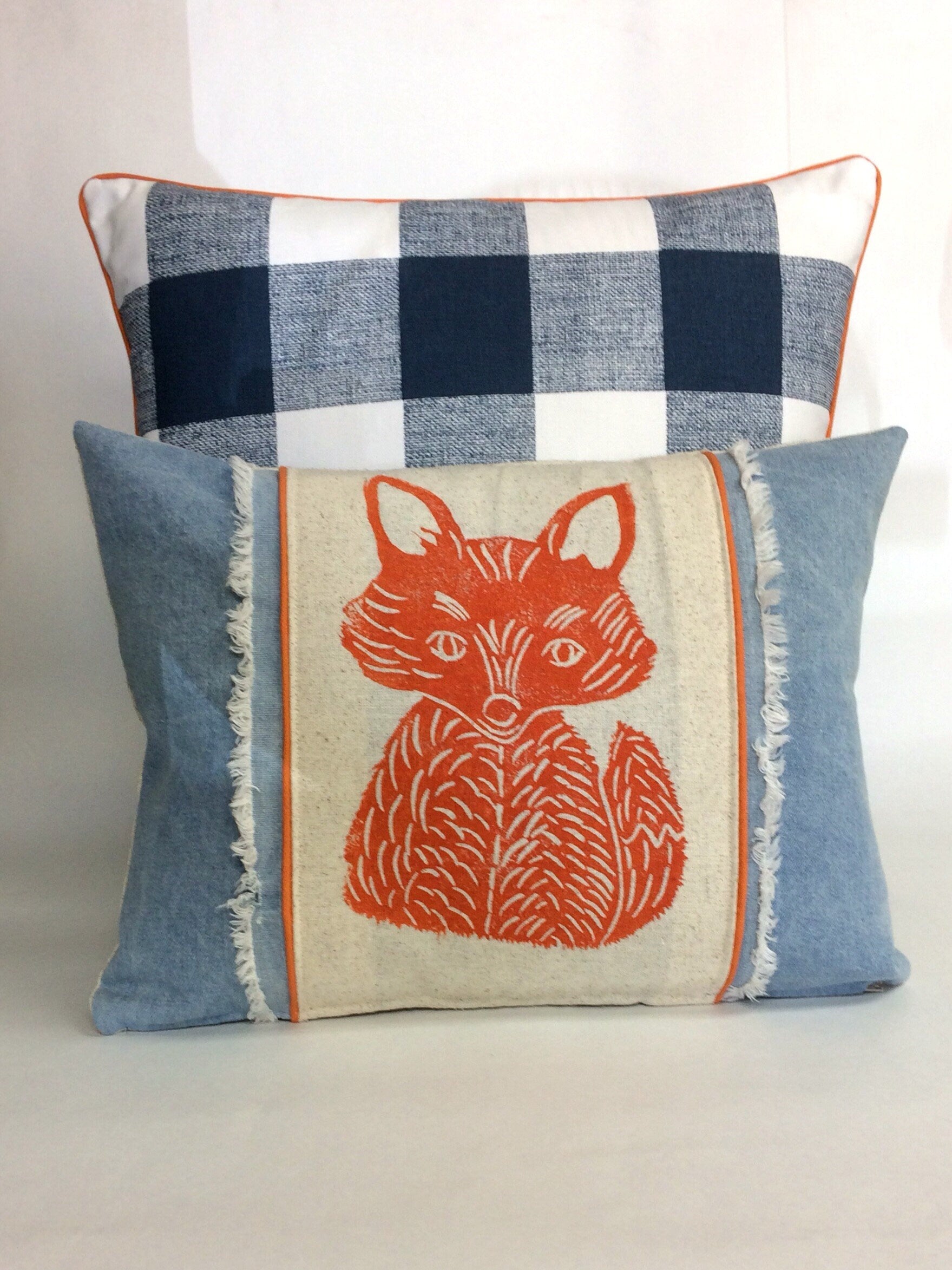 Fox Print Denim Pillow: Hand Carved Woodland Nursery Decor