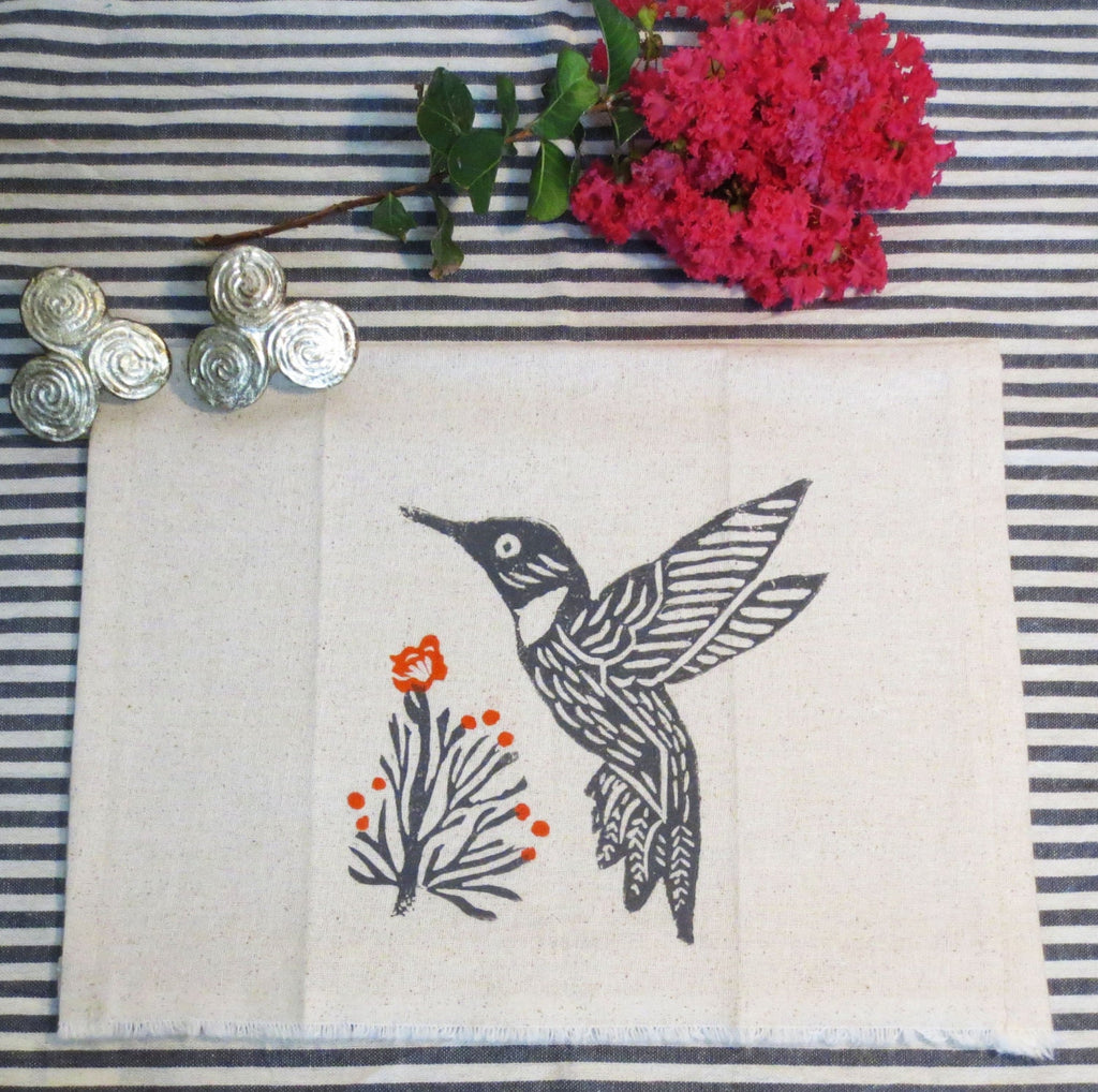 Hummingbird Tea Towel: Taupe Flax Cotton Hand Block Print