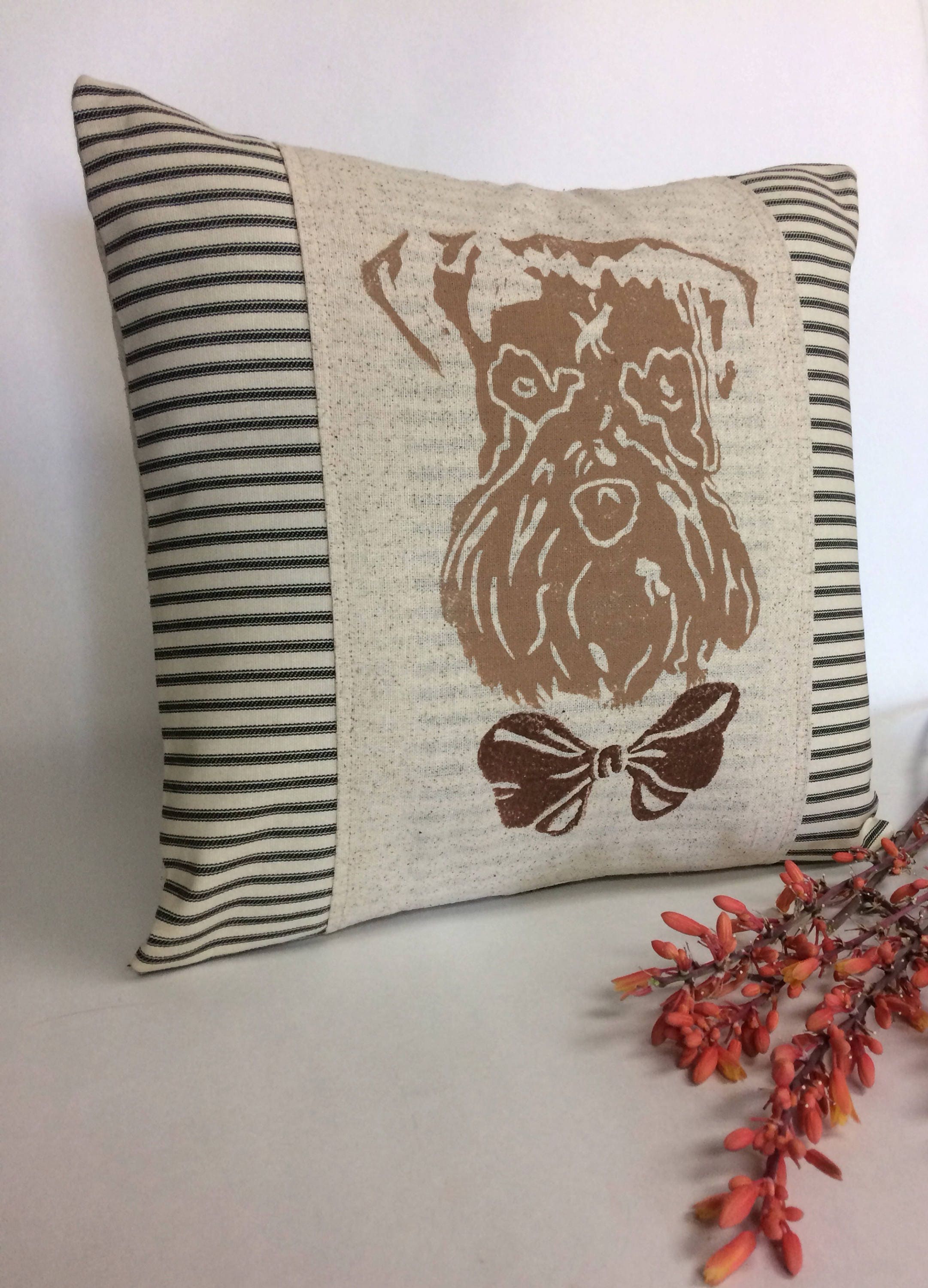 Hand Block Print Wheaten Terrier Pillow Cover: Dog with Bowtie