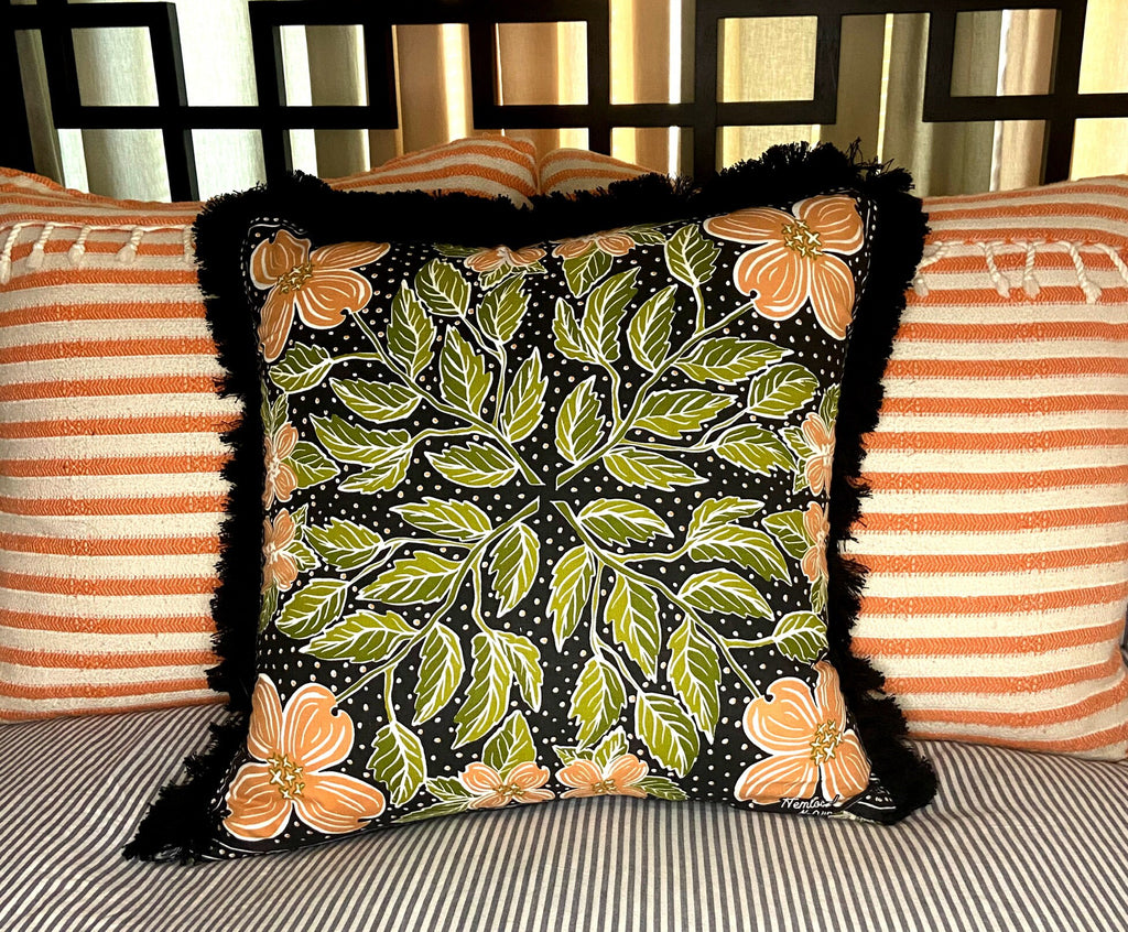 Floral Print Pillow: Black Cotton with Peach Flowers & Brush Fringe