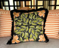Floral Print Pillow: Black Cotton with Peach Flowers & Brush Fringe