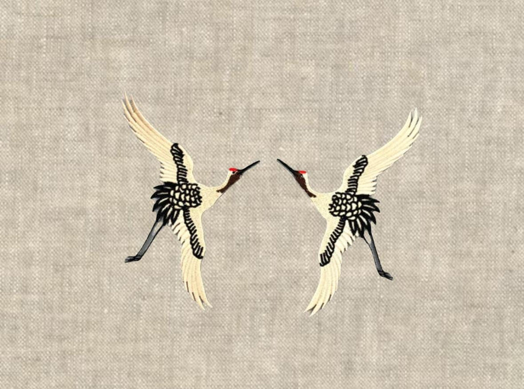 Embroidered Crane Linen Pillow: Caramel Brown, Black and Ivory Bird Applique