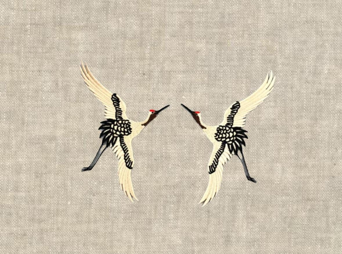 Embroidered Crane Linen Pillow: Caramel Brown, Black and Ivory Bird Applique