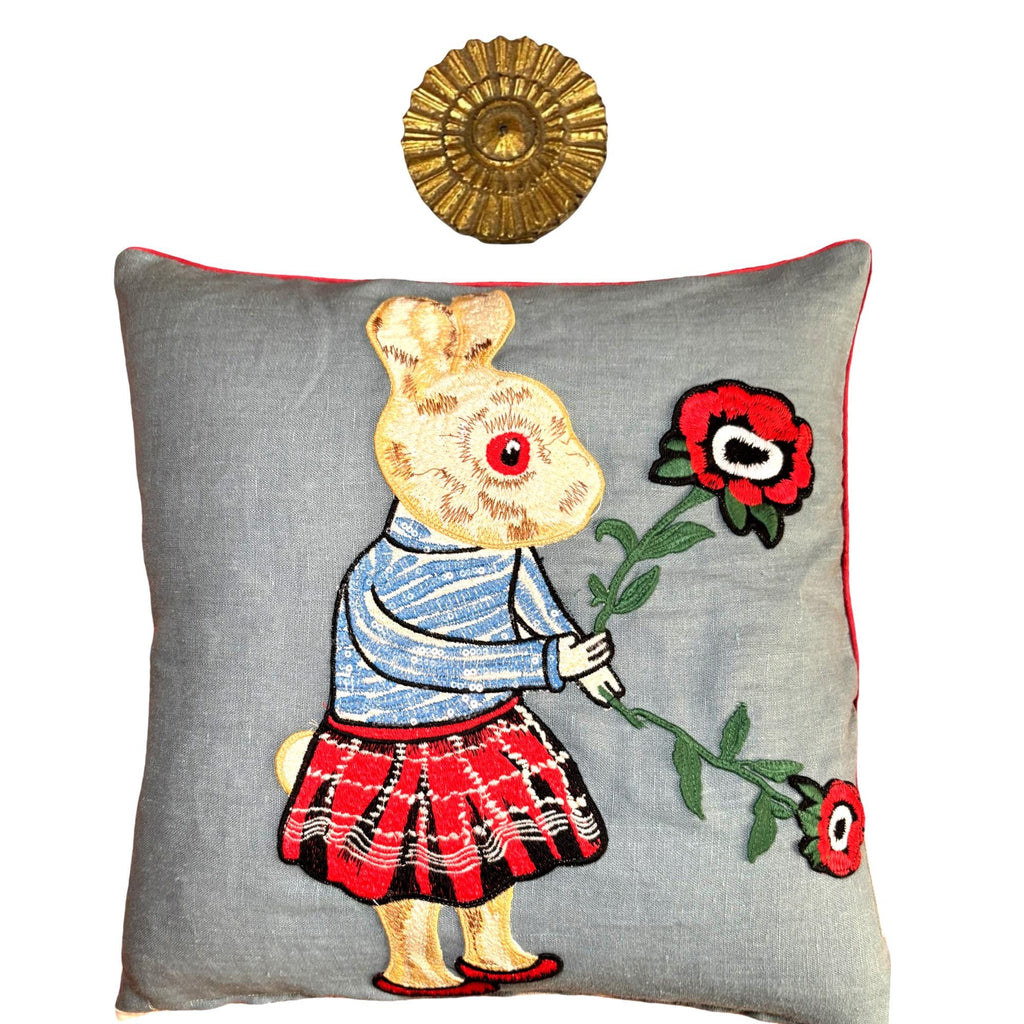Rabbit Embroidery Pillow: Whimsical PunkLinen Woodland Cushion