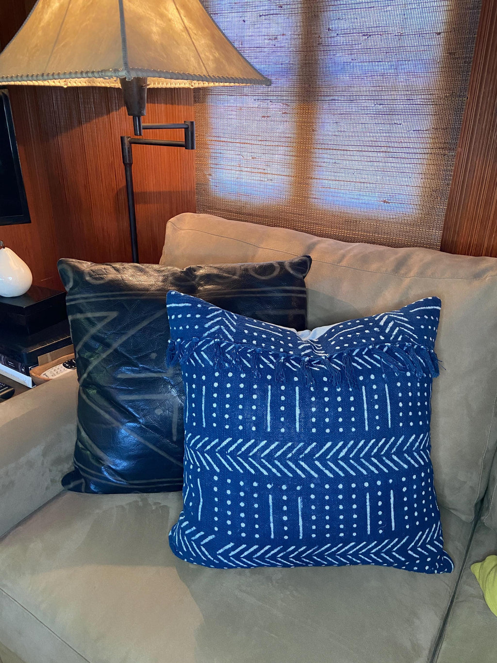 Authentic African Mudcloth Pillow Cover – Indigo Shibori Abstract Design, Fringe Detail