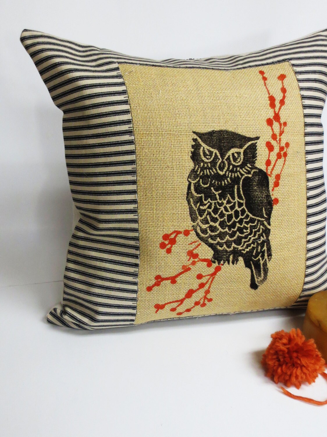 Owl Throw Pillow: Black Block Print, Rustic Burlap Cushion