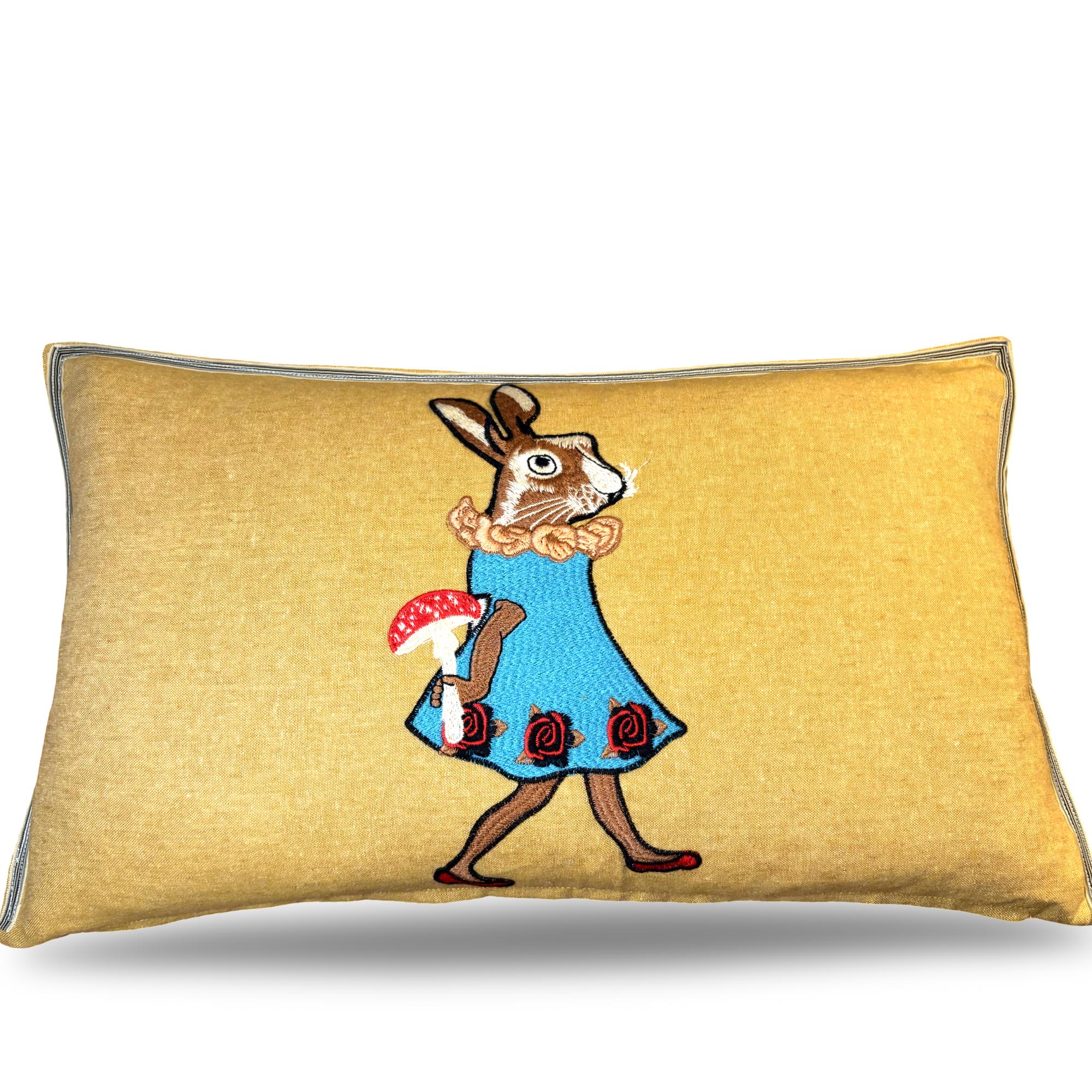 Rabbit Embroidery Pillow: Whimsical Linen Woodland Cushion
