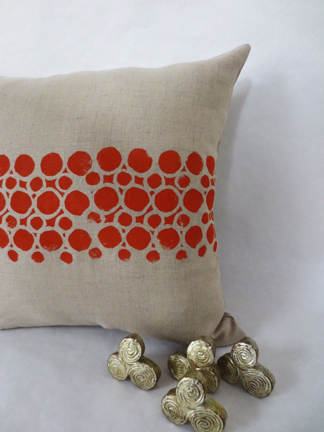 Grey Taupe Linen Hand Block Printed Printed Pillow with Orange Circular Geometric Print