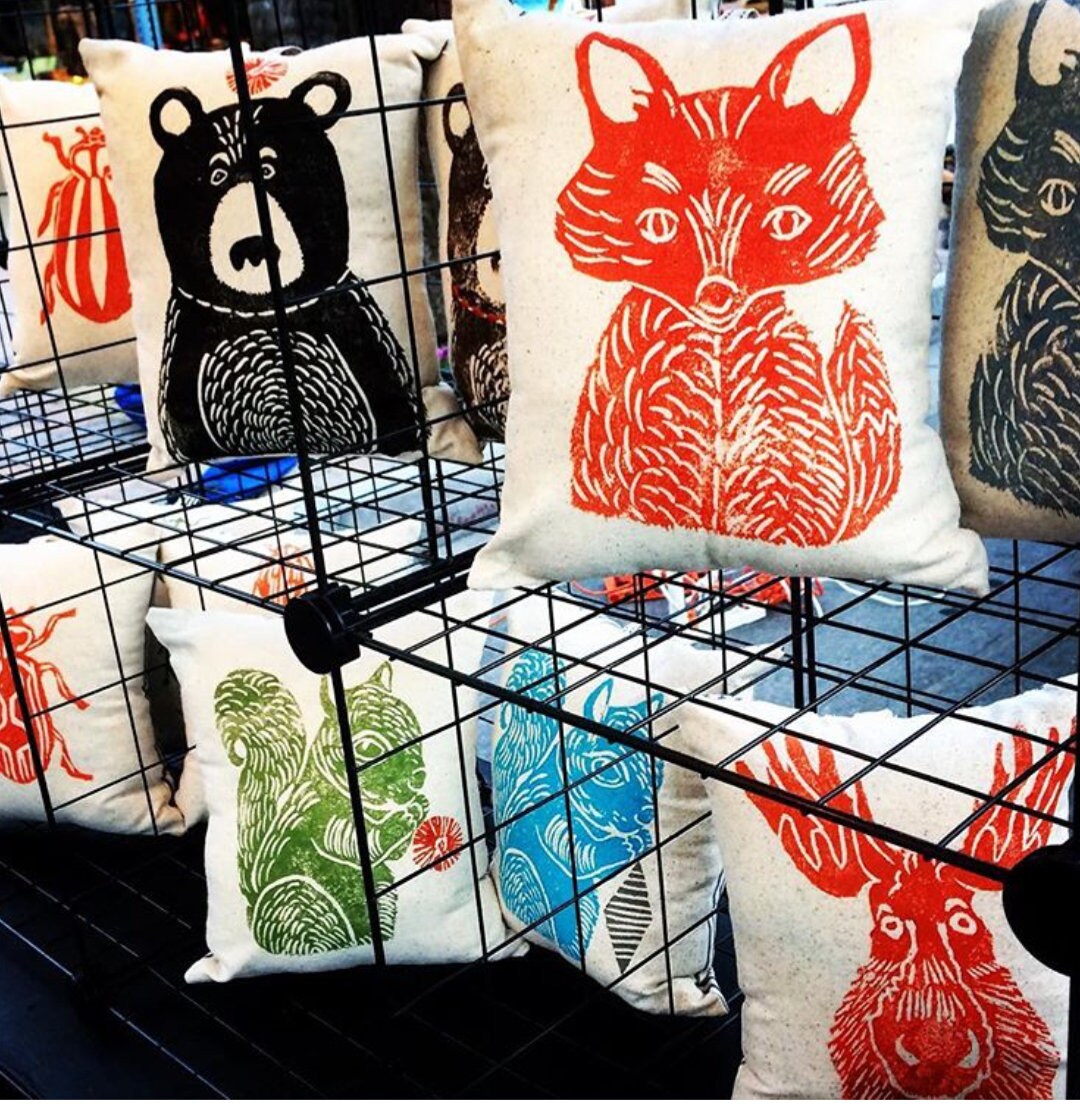 Hand Block Printed Woodland Animal Pillow: Bear, Fox, Moose, Squirrel