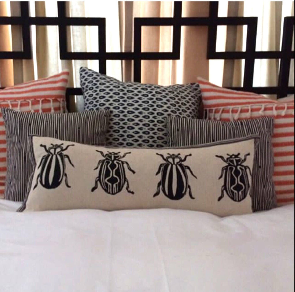 Insect Print Kidney Pillow: Hand Block Printed Decorative Pillow
