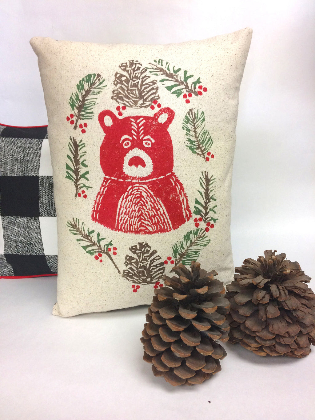 Christmas Moose or Bear Pillow: Hand Printed Woodland Decoration