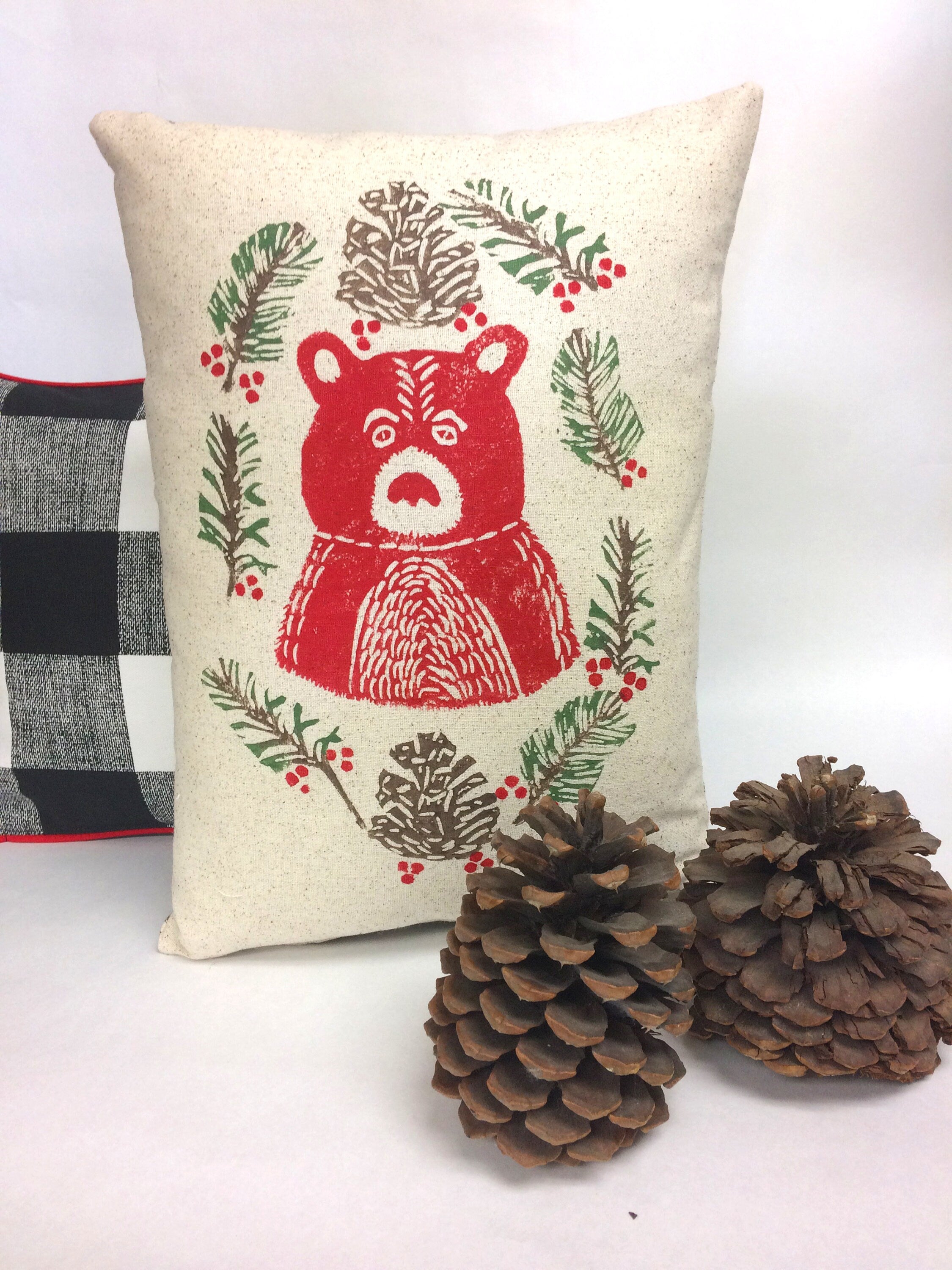 Christmas Moose or Bear Pillow: Hand Printed Woodland Decoration