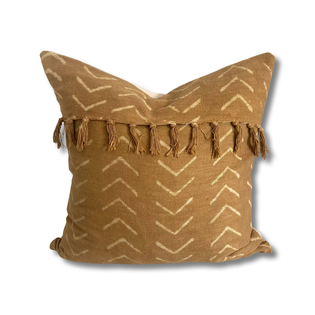 African Mudcloth Pillow Cover: Mustard Gold Cotton with Fringe