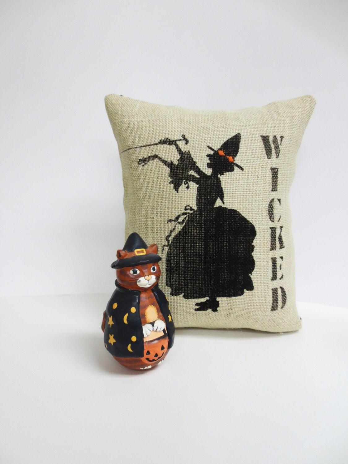 Halloween Witch Burlap Pillow: Felt Silhouette Throw Cushion
