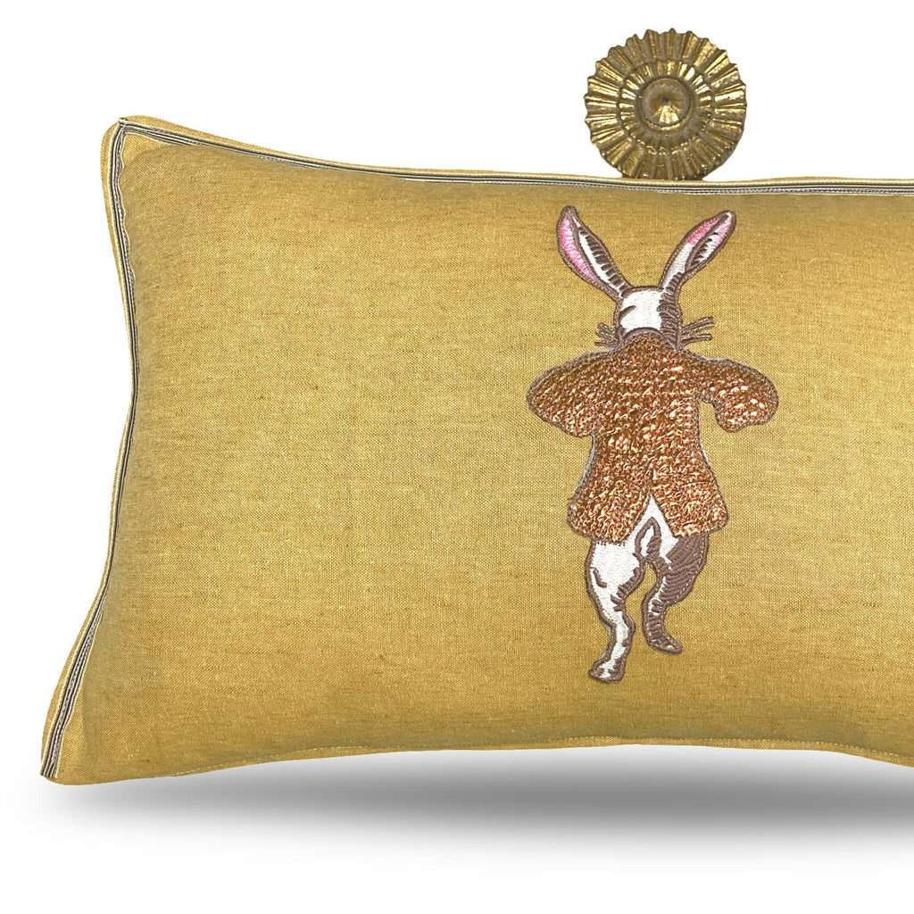 Rabbit Embroidery Pillow: your choice of linen with Metallic Accents