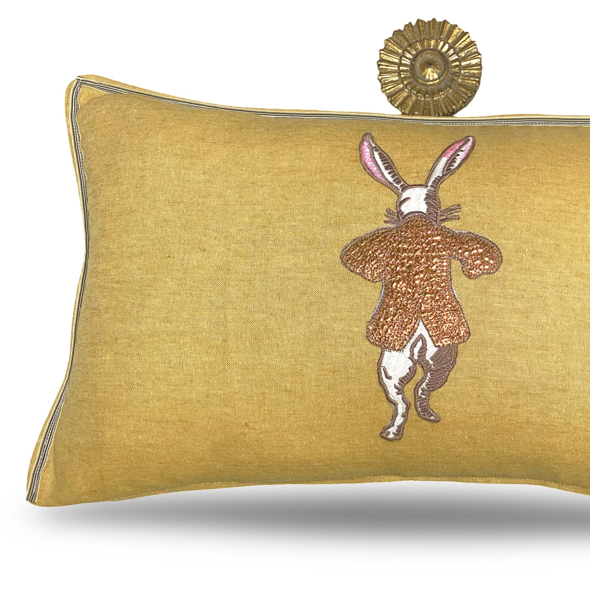 Rabbit Embroidery Pillow: your choice of linen with Metallic Accents