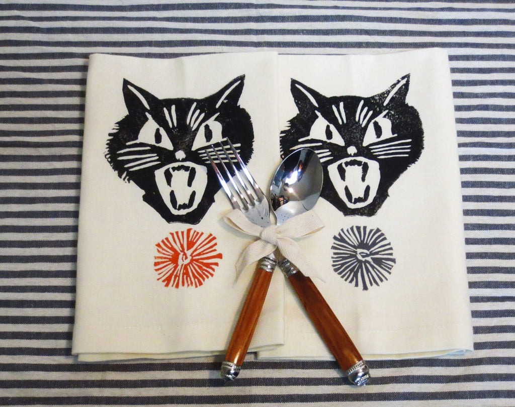 Screaming Cat Halloween Napkins: Hand Printed Ivory Cotton, Set of 4