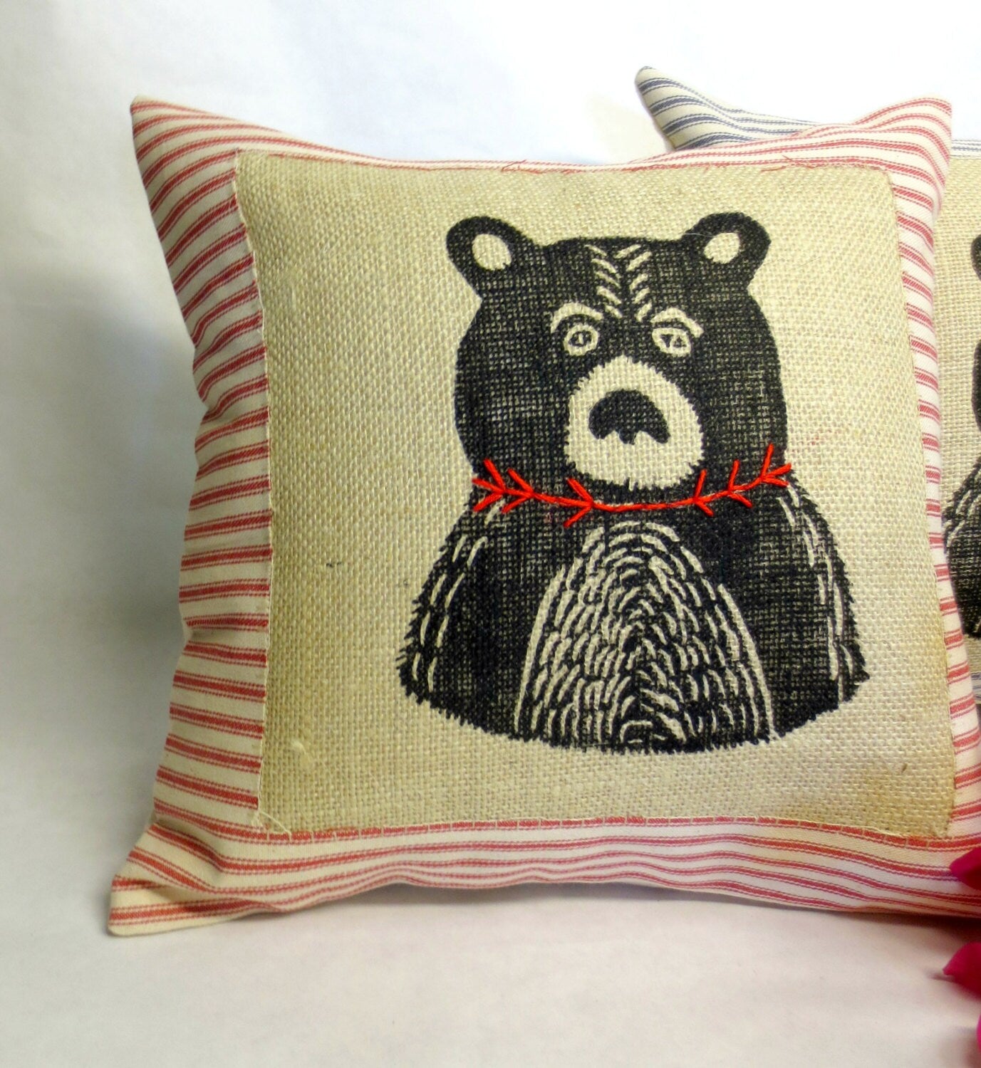 Hand Printed Bear Pillow: Ticking Stripe Decorative Pillow