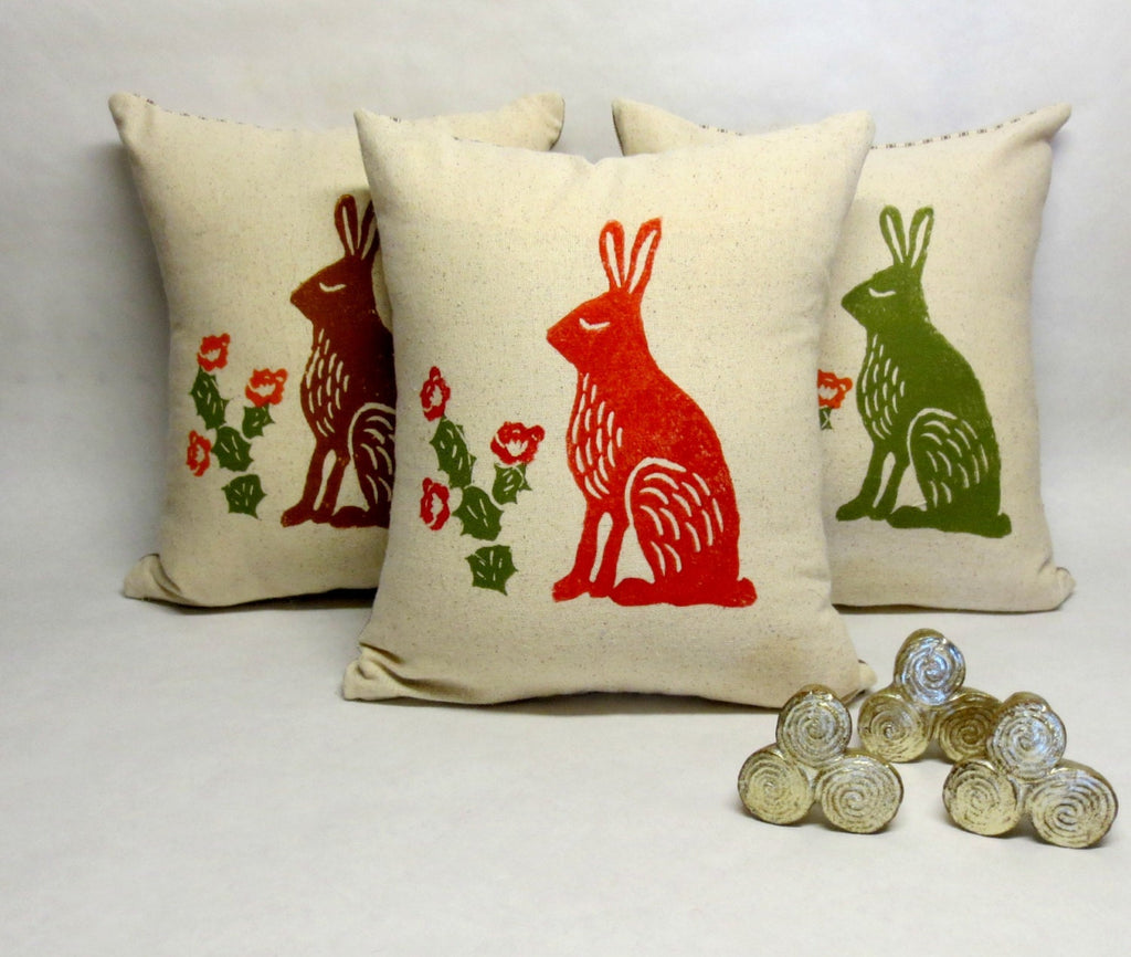 Hand Printed Rabbit Cactus Pillow: Desert Home Decor