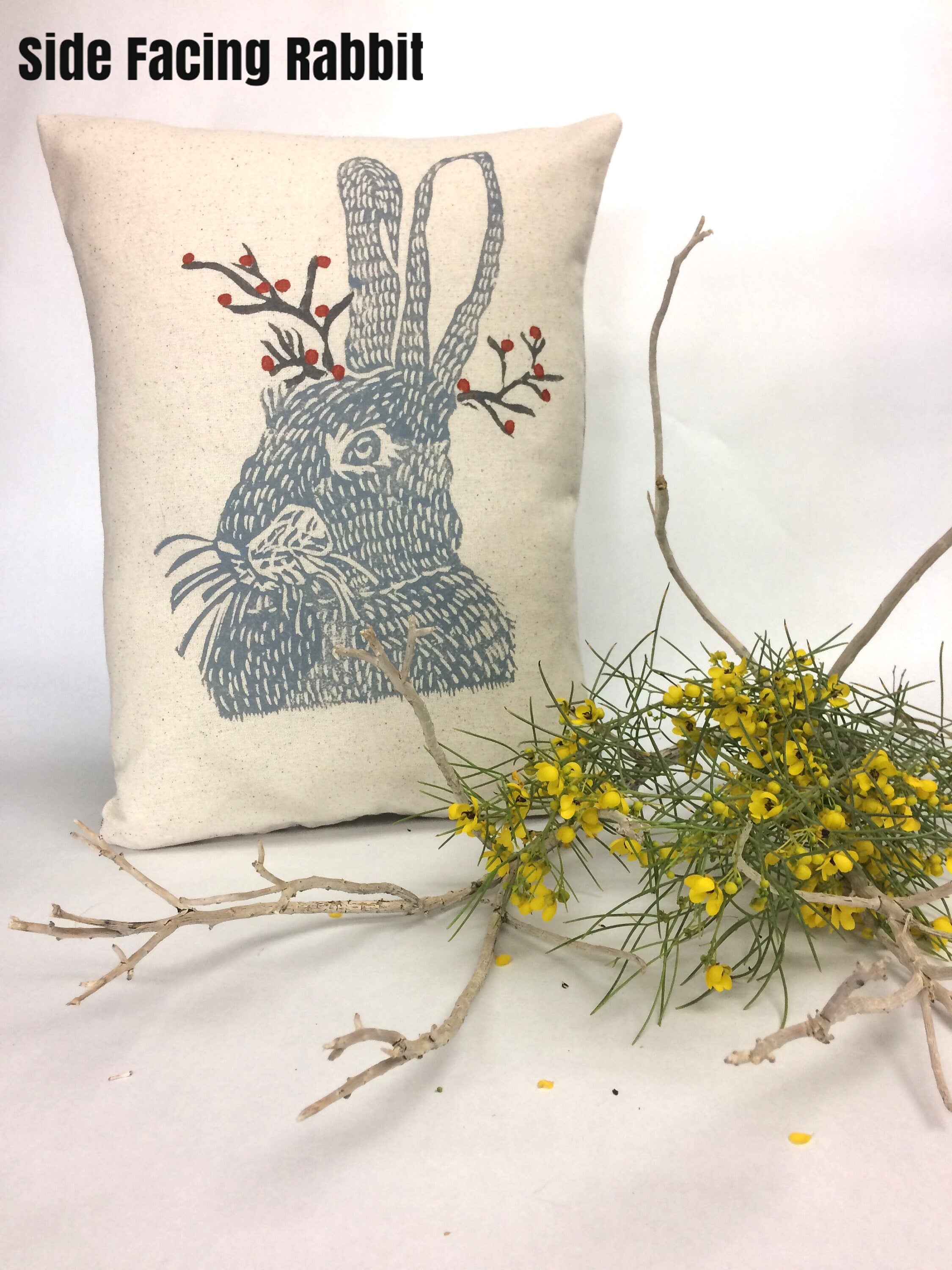 Hand Block Printed Woodland Animal Pillow: Rabbit or Bear Print